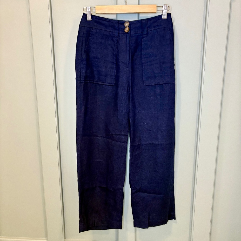Boden Westbourne Linen Cropped Pants Navy Size 2 Regular‎ Wide Leg